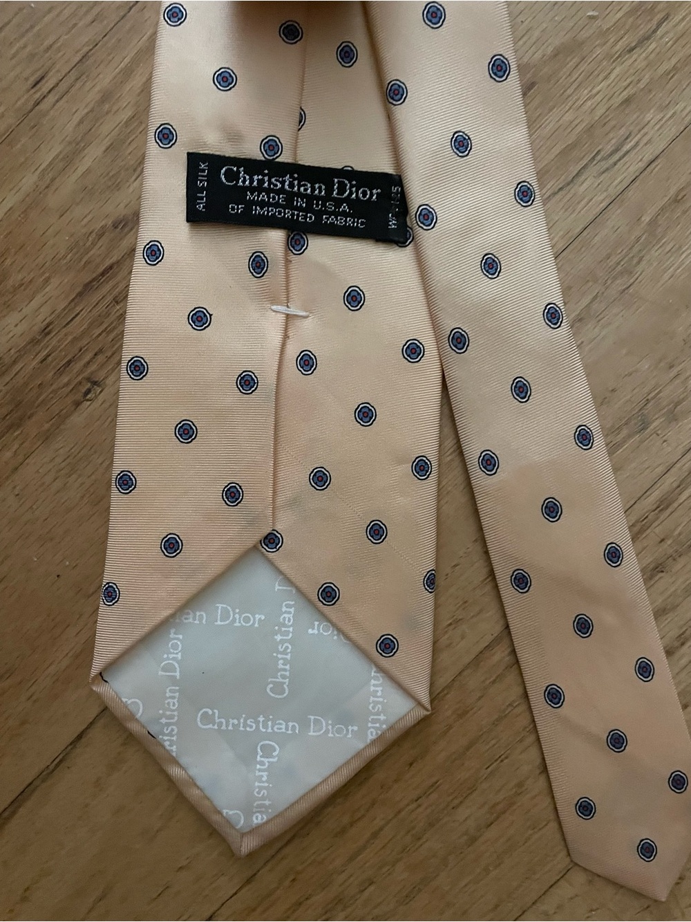 Dior Peach Silk Tie with Navy Dot Motif